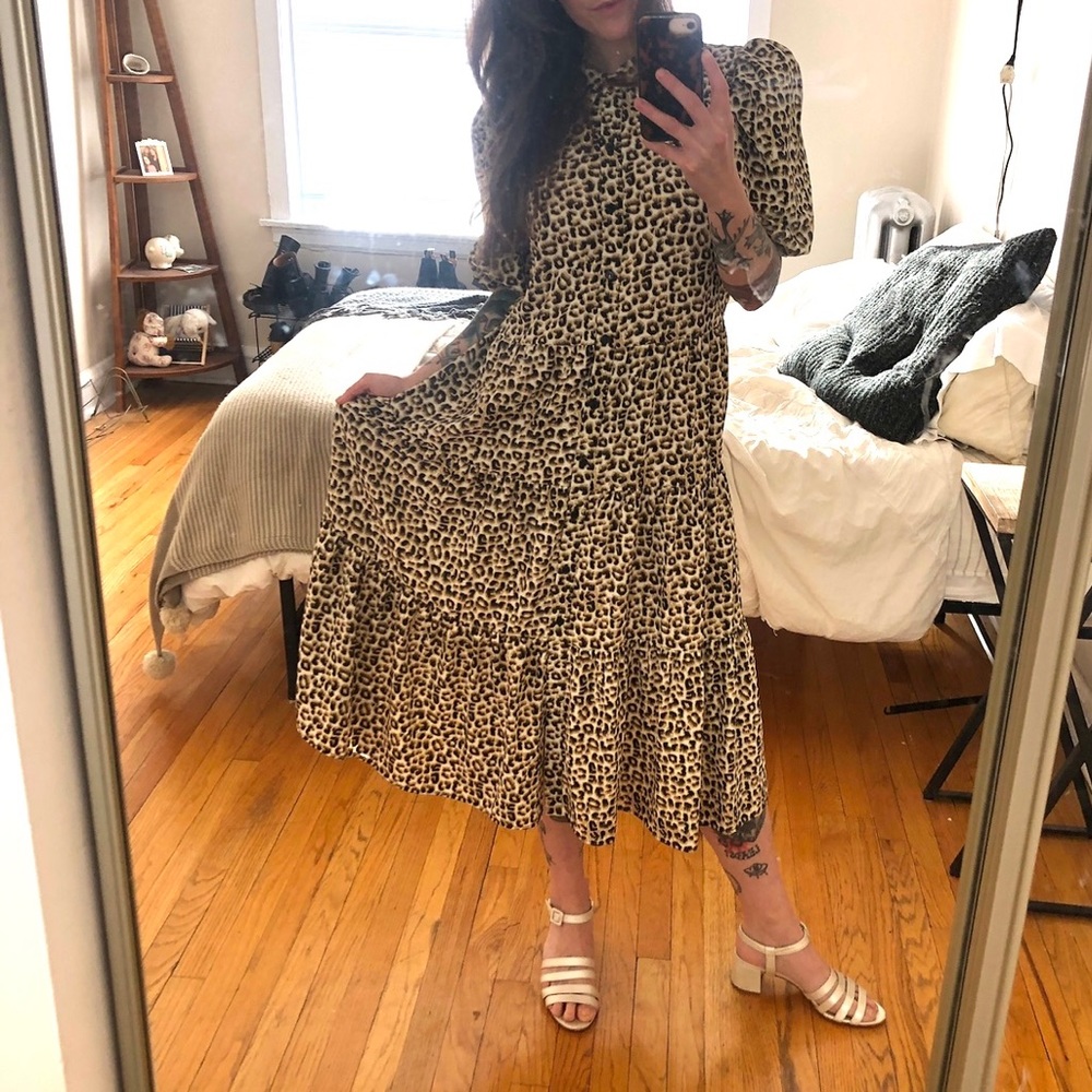 Charles Henry Tiered Midi Leopard Print dress